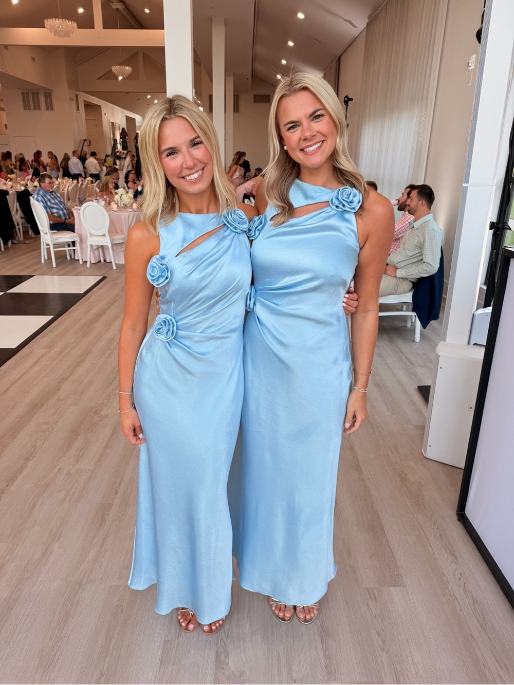 Gianni Bini Light Blue Satin Maxi Dress with Rosette Detail